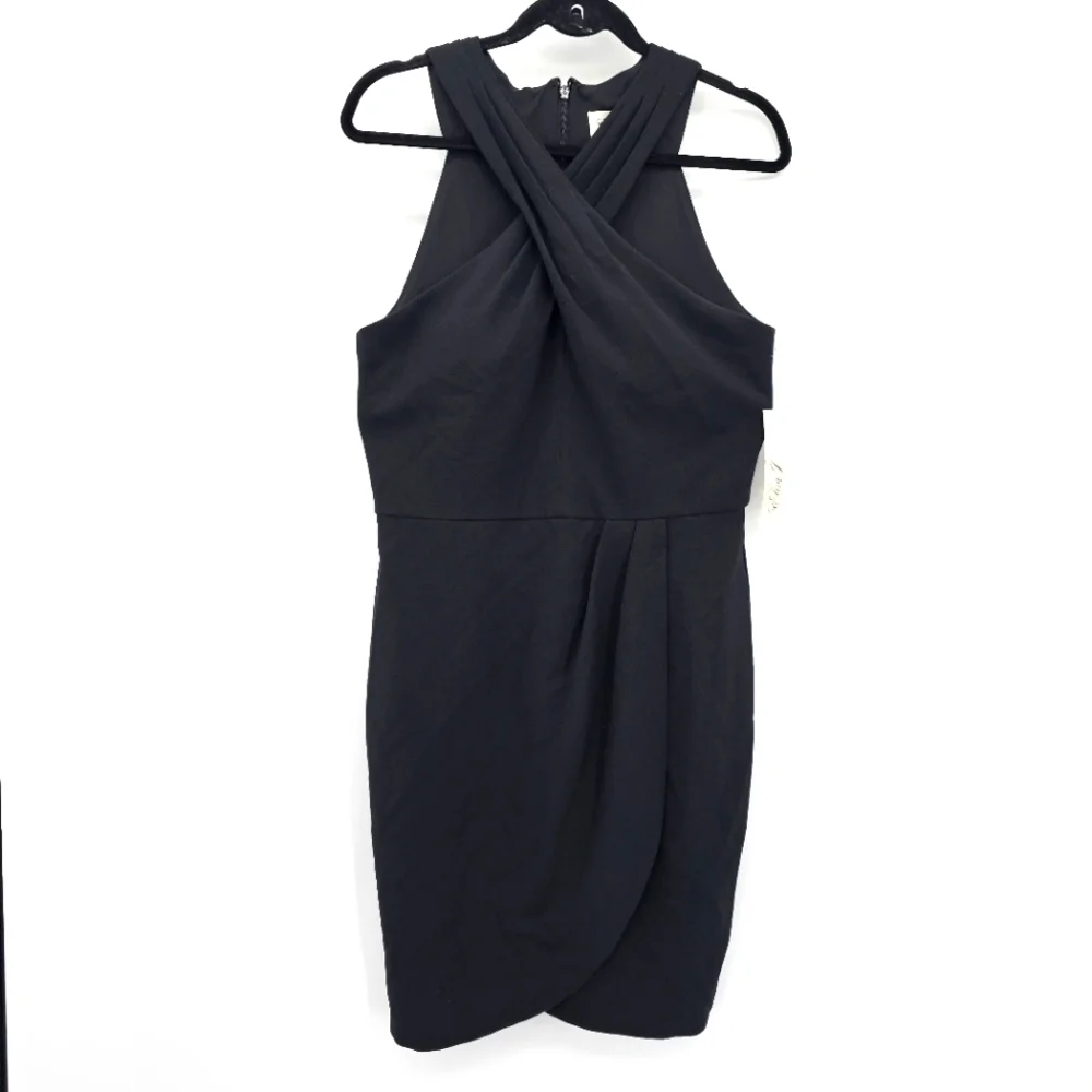 Eliza J black crepe crisscross neck faux wrap cocktail dress women's 12 New
